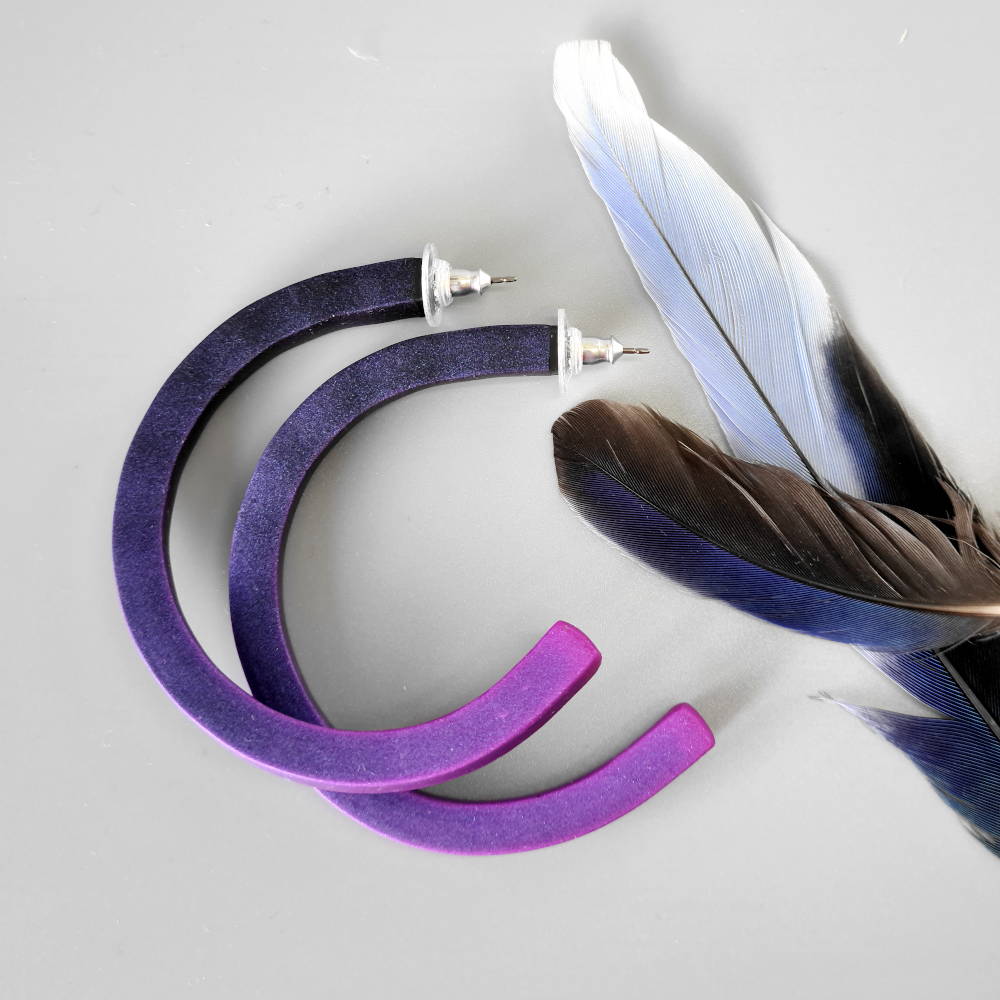 Handmade large hoop earrings in shimmering purple with ombre effect. Titanium posts.